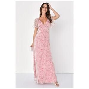 NWT Lulus Dreamiest Desires Pink Floral Flutter Sleeve Maxi Dress Gala Size M